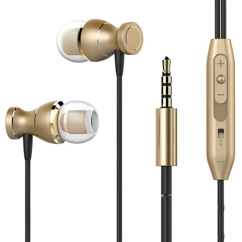 Universal in-ear subwoofer headphones with straight 3.5mm plug in black, gold, rose gold, and silver colour options.