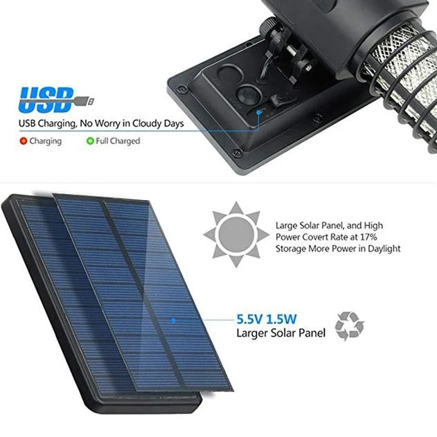 Black outdoor mosquito killer lamp with solar panel and UV LED lights for garden insect control