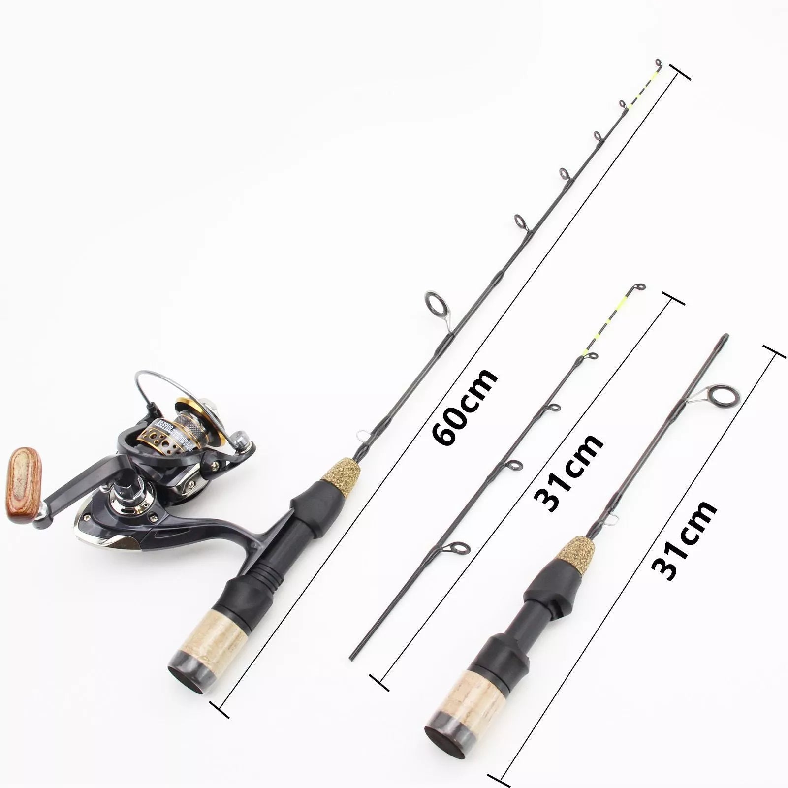 Double tip ice fishing rod with spinning wheel tackle set, 60 cm length