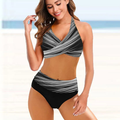 European American ladies split bikini with striped tie-dye pattern and hollow design for swimming