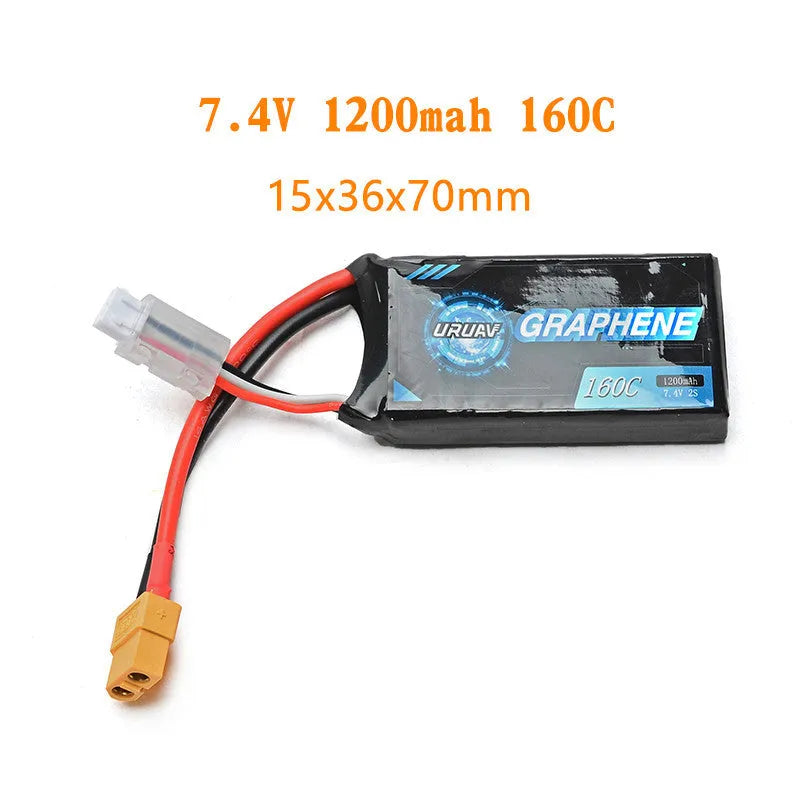 RC model lithium battery showing 7.4V 1200mAh specifications with 15x36x70mm dimensions