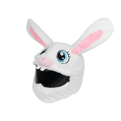 White plush rabbit head decorative cover for an electric motorcycle helmet.