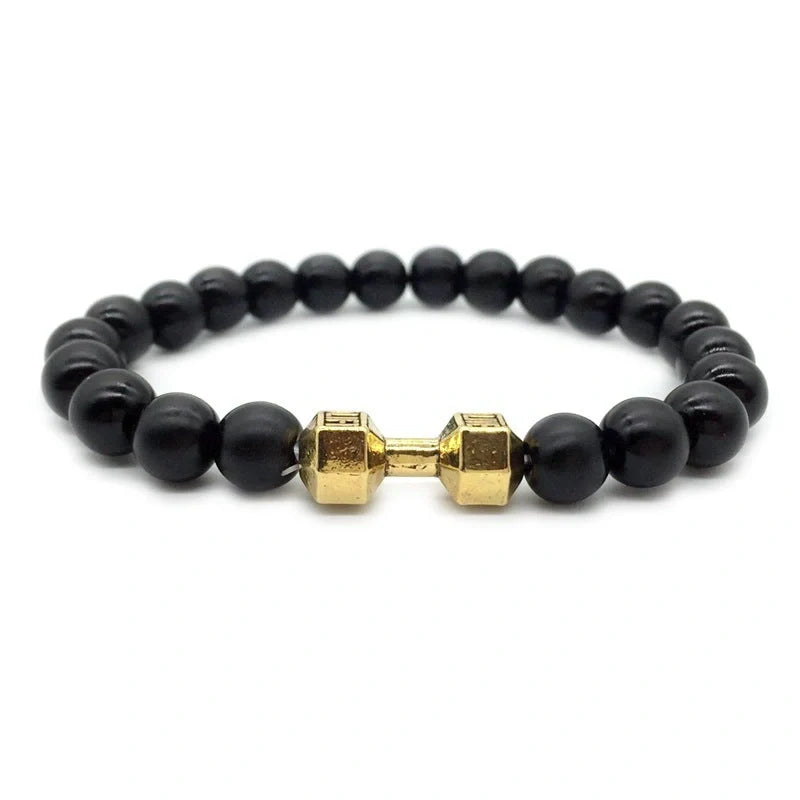 Men's fitness fashion bracelet with alloy dumbbell and lava rock beads, 18cm length, 20g weight