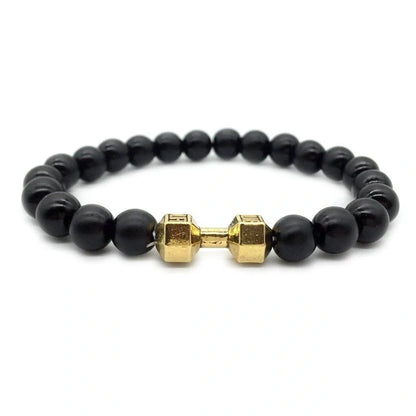 Men's fitness fashion bracelet with alloy dumbbell and lava rock beads, 18cm length, 20g weight