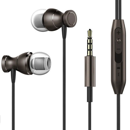 Universal in-ear subwoofer headphones with straight 3.5mm plug in black, gold, rose gold, and silver colour options.