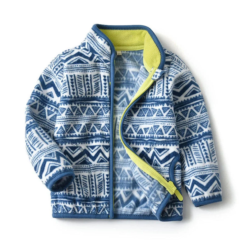 Children's thick fur printed coat with front zipper in blue colour, suitable for ages 3-8 years