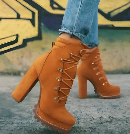 Women's suede high-heel ankle boots in army green with waterproof platform and rivet detailing