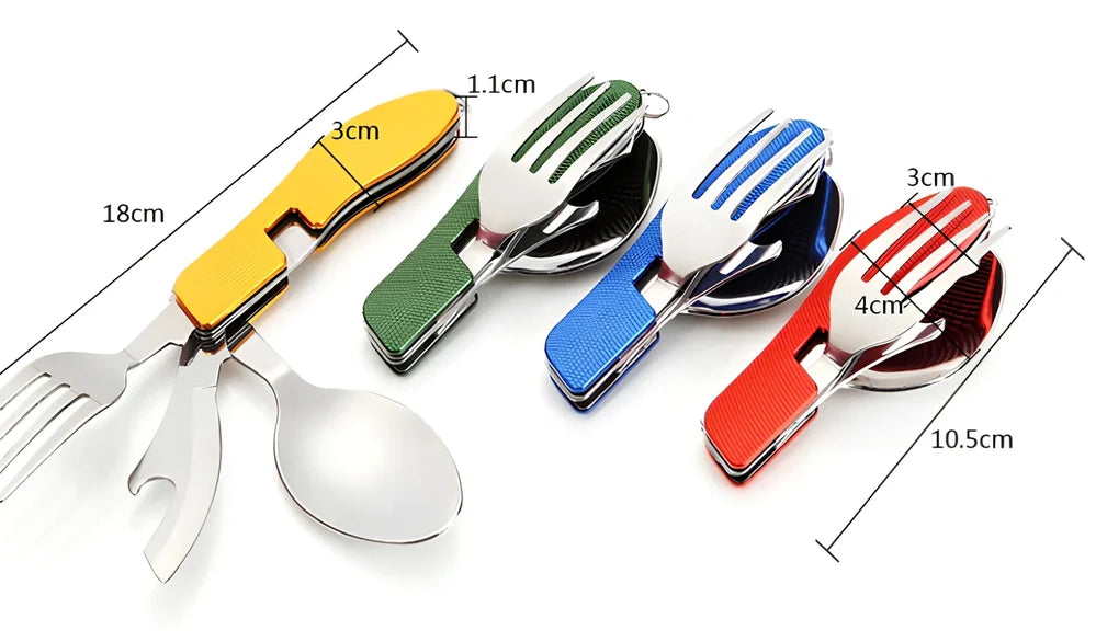 Green multi-functional 4-in-1 folding knife in stainless steel, showing folded knife, spoon, removable fork, and bottle opener for outdoor use