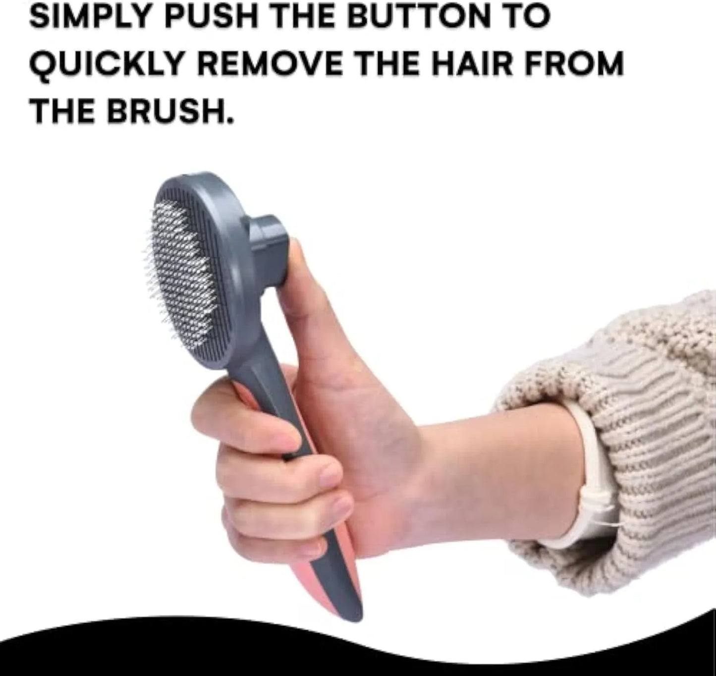 Grey self-cleaning slicker brush for pet grooming with one-click button and massage bristles