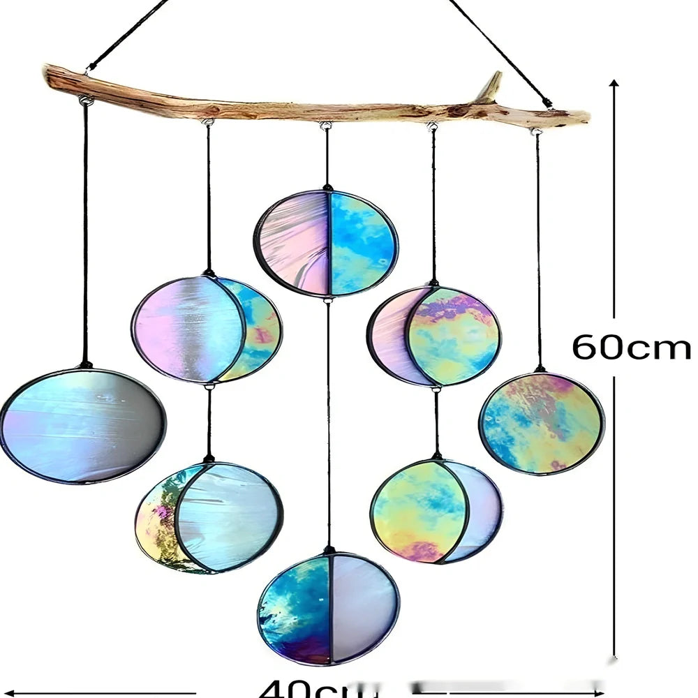 Rainbow coloured moon phase wall decoration with circular iron framework and hanging chain