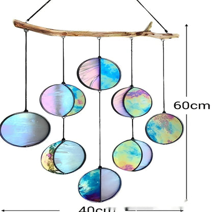 Rainbow coloured moon phase wall decoration with circular iron framework and hanging chain