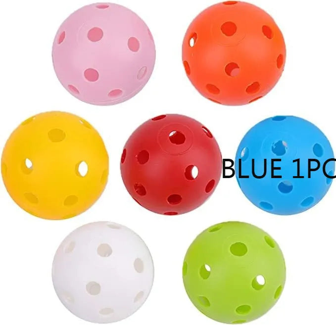 Multi-colour golf practice balls in red, orange, blue, green, white, and yellow, 42mm diameter, packed in a net pocket