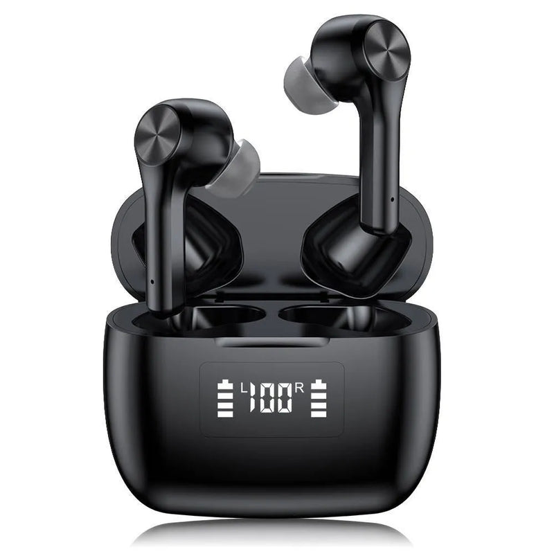 Wireless Bluetooth earphones with touch controls and noise reduction, stereo channel, earplug fit, Bluetooth 5.0 for 15-metre range, available in cool black or fantasy white with Chinese or English voice prompts