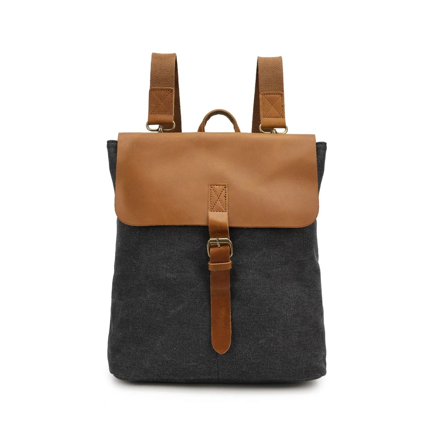 Crazy Horse leather trimmed waterproof canvas backpack in minimalist style, shown in multiple colour options.