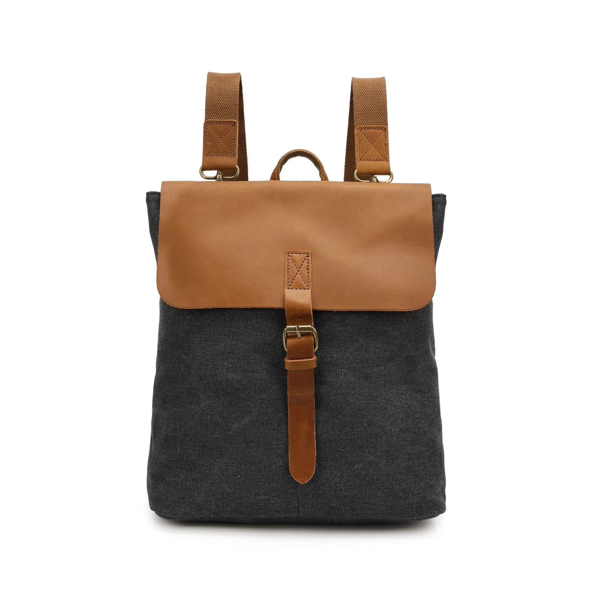 Crazy Horse leather trimmed waterproof canvas backpack in minimalist style, shown in multiple colour options.