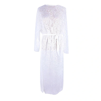 White lace bikini blouse with 130cm length and UPF 50+ sun protection for beach wear