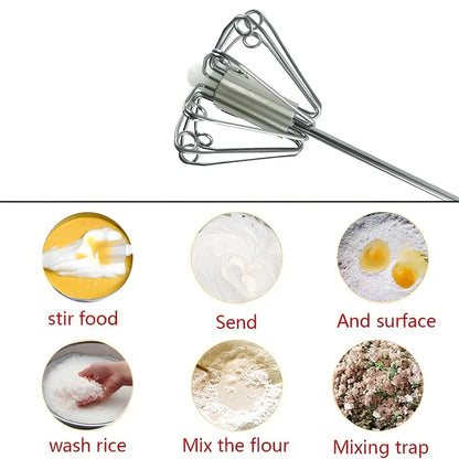 Self-spinning whisk with straight stainless steel design and black handle in multiple colours