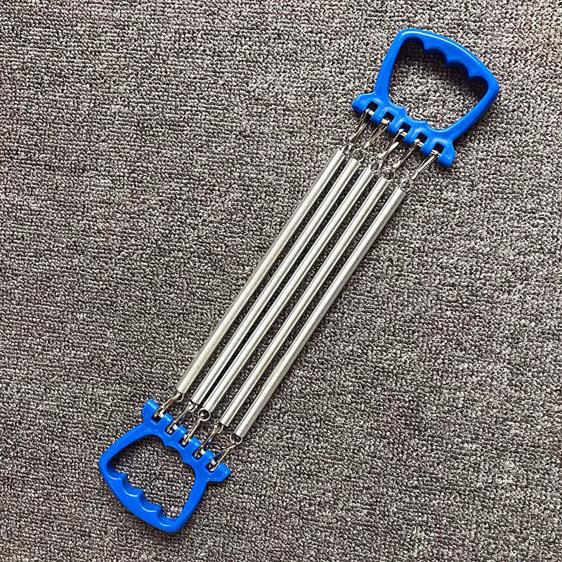 Chest expander training equipment with carbon spring and ABS plastic, shown in blue, green, and red colour options