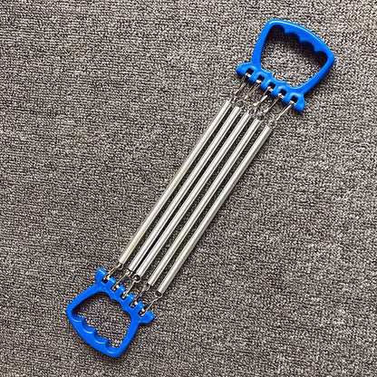 Chest expander training equipment with carbon spring and ABS plastic, shown in blue, green, and red colour options