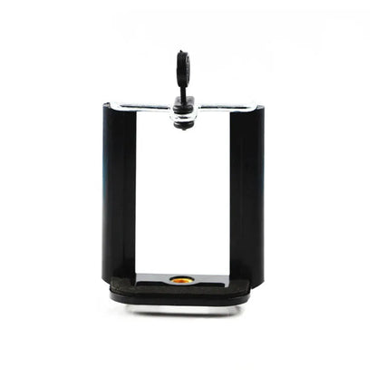 Black plastic U clip mobile phone holder attached to a hose, measuring 8cm by 5cm