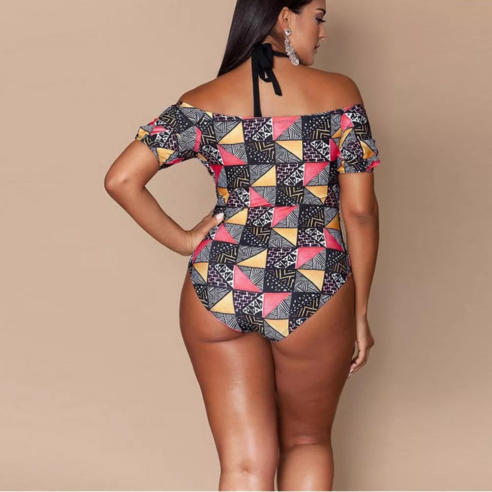 Plus-size geometric bikini with chest pad in photo color, perfect for swimming and wading sports
