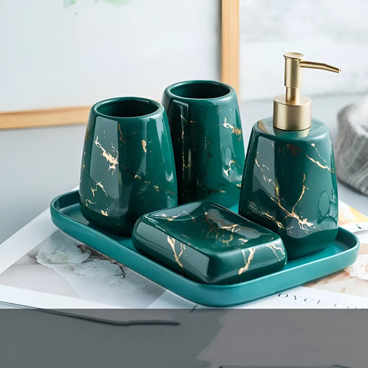 Ceramic bathroom wash set in porcelain with decal decoration, available in black, blue or white colours