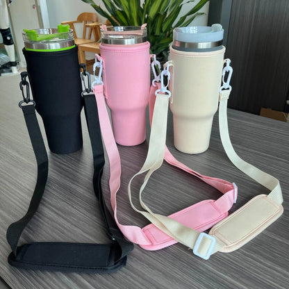 Portable insulated beverage cup cover made of durable cloth material in black, pink, and apricot colors for outdoor use