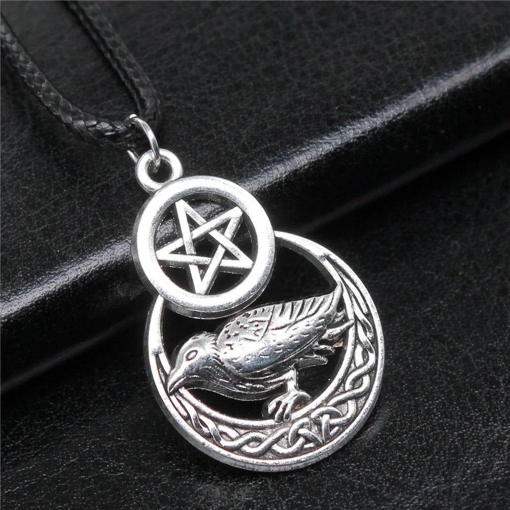Men's vintage silver pentagram crow pendant necklace with adjustable chain