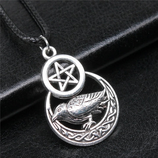 Men's vintage silver pentagram crow pendant necklace with adjustable chain