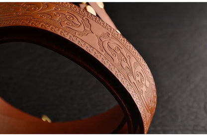 Men's leather belt with woven pattern and embossed buckle head, available in reddish brown and yellow brown