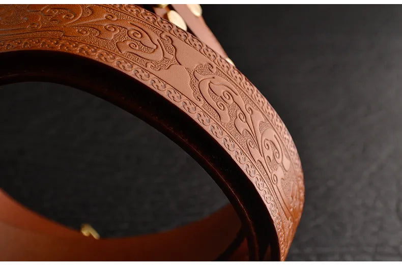 Men's Leisure Leather Belt with Woven Pattern, Embossed Buckle Head, 3.8cm Width, 3.5-4mm Thickness, Reddish Brown or Yellow Brown, Sizes S M L, Casual Everyday Wear