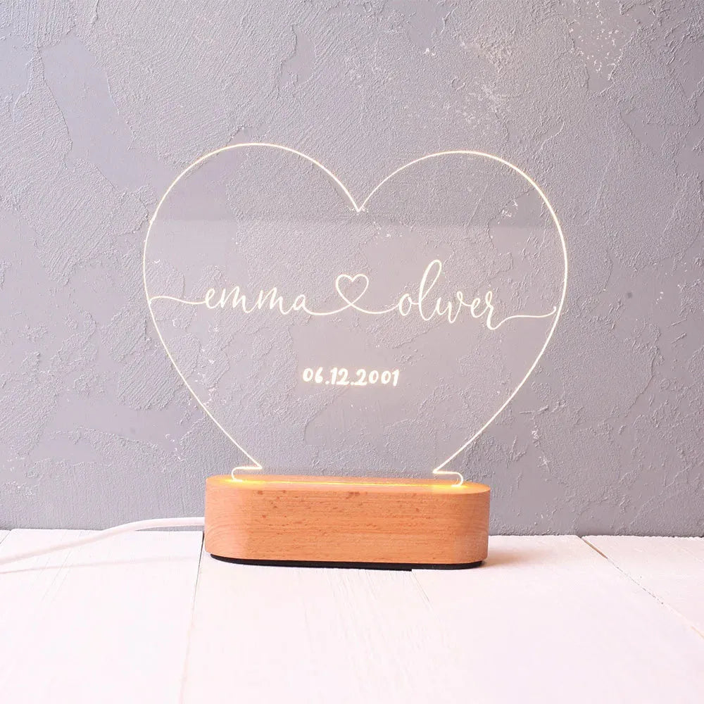 Custom LED night light with 20cm x 11.5cm acrylic plate displaying personalised text, USB powered for bedroom decor