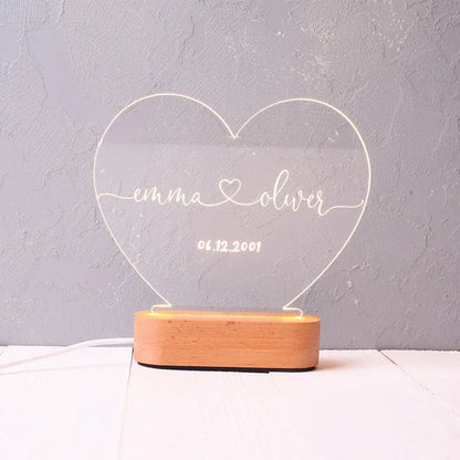 Custom LED night light with 20cm x 11.5cm acrylic plate displaying personalised text, USB powered for bedroom decor