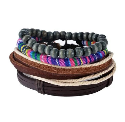 Hand-woven brown leather bracelet with wooden beads and rope detailing on a wrist.