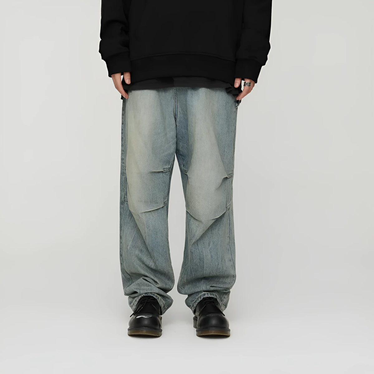 Light wash grey baggy oversized pleated denim jeans, 100% cotton, distressed washed blue, straight leg, sizes L M