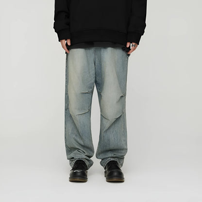 Light wash grey baggy oversized pleated denim jeans, 100% cotton, distressed washed blue, straight leg, sizes L M