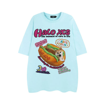 Cartoon hamburger dog printed cotton T-shirt in loose fit with short sleeves