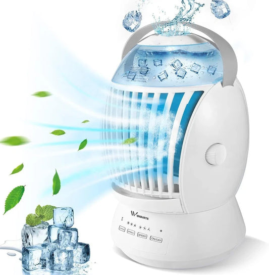 White USB desktop fog fan with water tank showing 45-degree swing function and manual adjustment controls