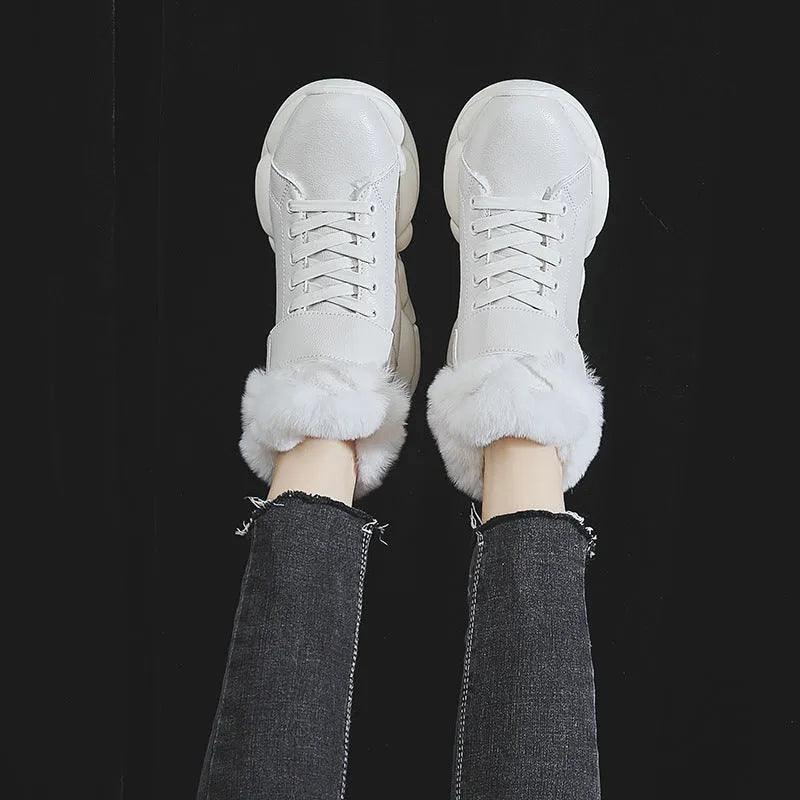 White warm snow boots, high upper, recycled leather and sheepskin leather, polyurethane sole, sizes 35-40