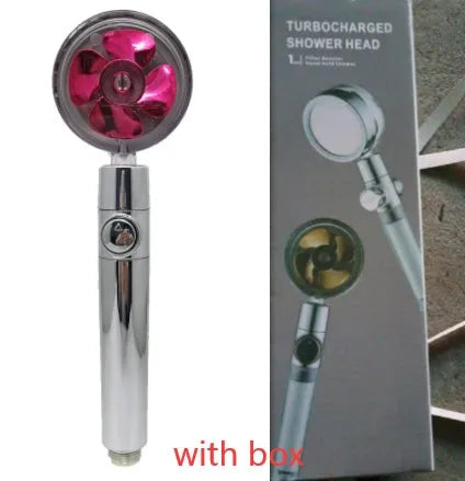 Chrome-finished ABS plastic water-saving shower head with a round, rotating spray head.