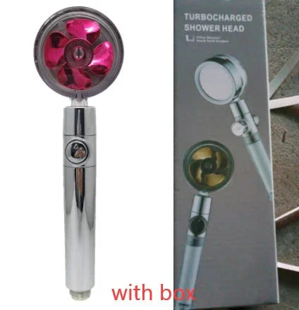 High-performance water-saving shower head with 360-degree rotation and fan feature, offering a luxurious shower experience