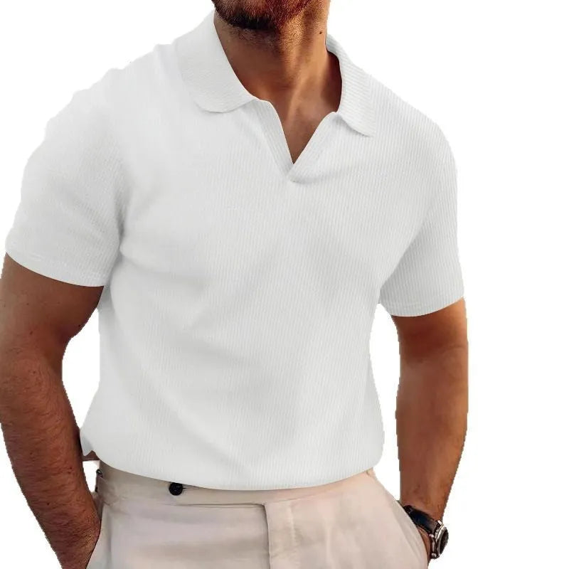 Men's lapel collar waffle knit T-shirt in slim fit, shown in a solid colour.