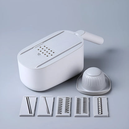 Nordic style kitchen vegetable slicer in blue, grey, or khaki colours with stainless steel cutting components