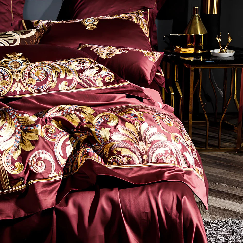 Embroidered Chinese cotton quilt cover with plant patterns in grey colour option on standard UK bed