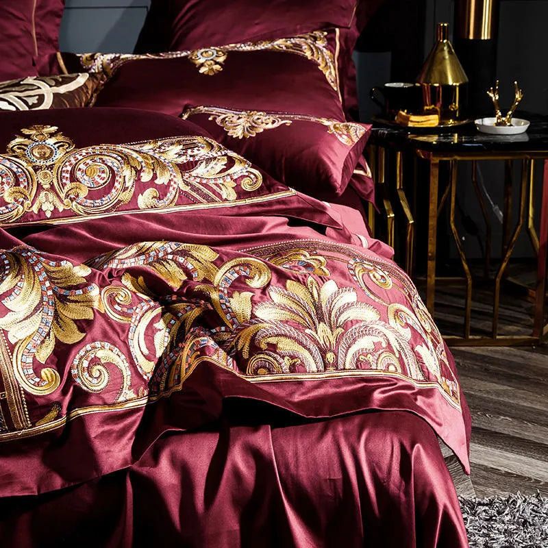 Embroidered Chinese cotton quilt cover in grey or red with plant and flower pattern for 1.8m 6ft bed