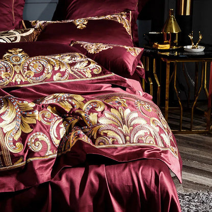 Embroidered Chinese cotton quilt cover in grey or red with plant and flower pattern for 1.8m 6ft bed