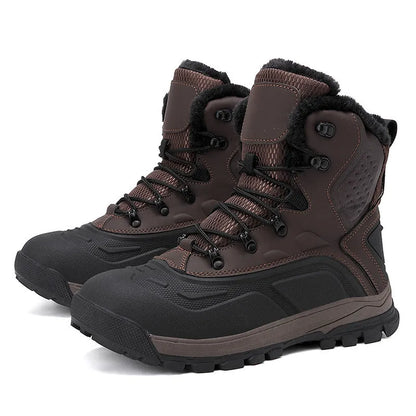Men's black high-top winter boots with fleece lining and lace-up front on a flat heel