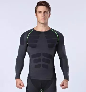 Men's compression training suit in black with red, green, or gray lines for fitness enthusiasts