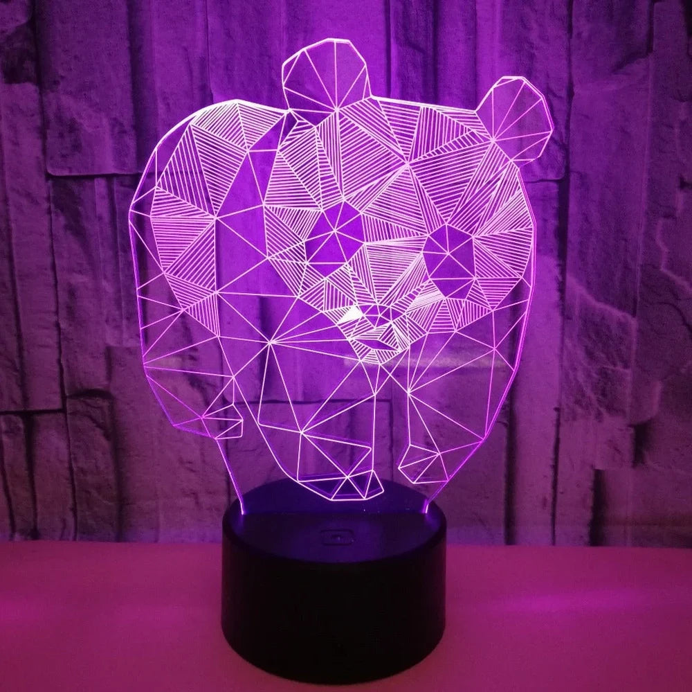 Black LED stereo night light with acrylic board, 87x87x42mm base, showing seven colour modes and remote control