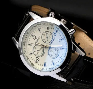 Men's Quartz Watch with Blu-ray Colourful Glass, Three-Eye Dial, Micro-Business Student Wristwatch, Black or Brown Belt, Gift for Men